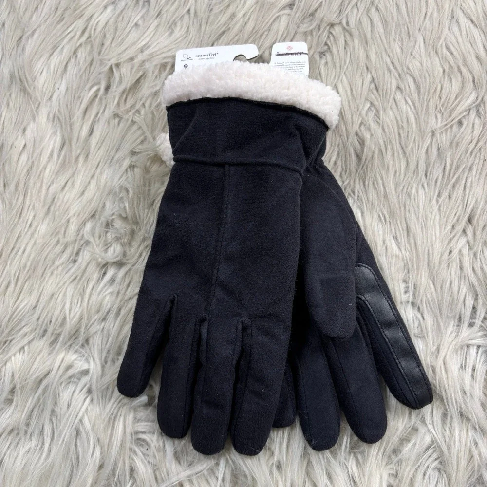 NWT Isotoner Women's L / XL Black SmartDri Faux Suede Fleece Lined Gloves